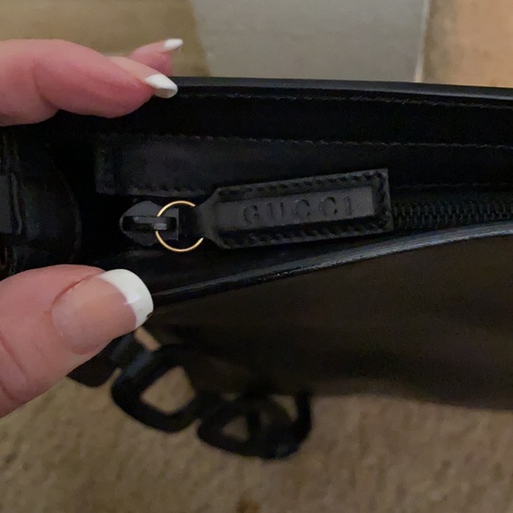 Vintage NEW GUCCI sleek black leather shoulder bag crossbody handbag w/wood RARE - Picture 13 of 13